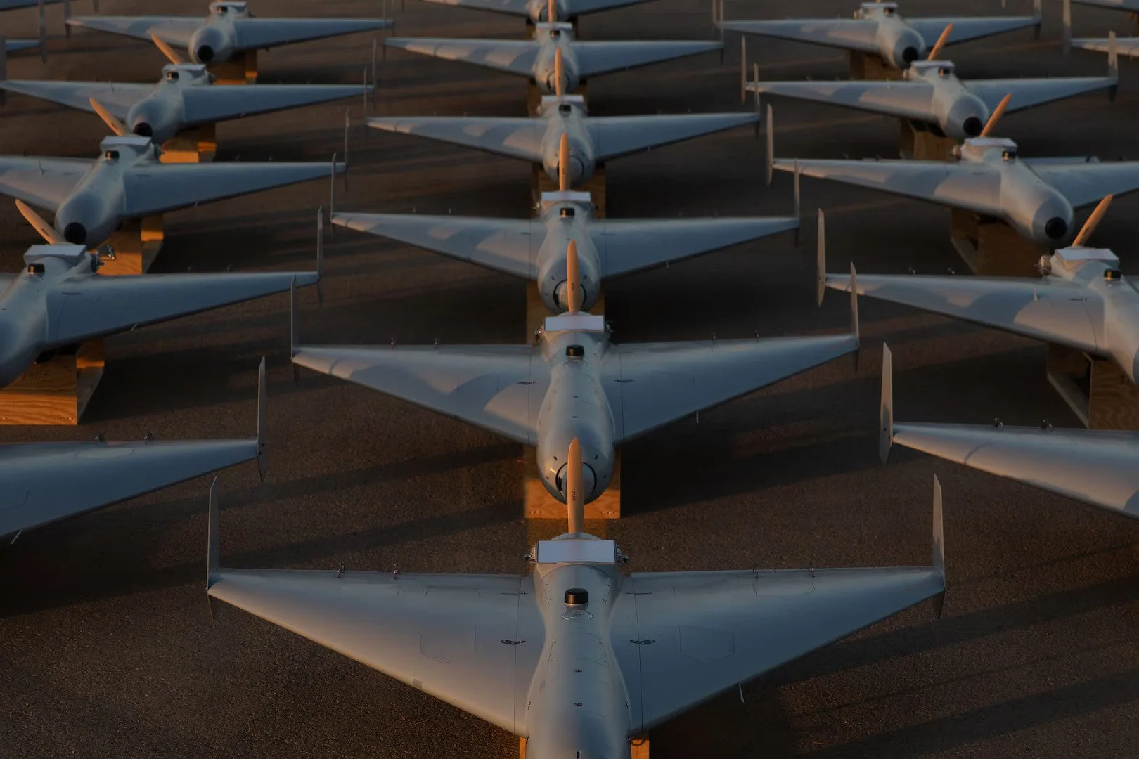 LUCAS autonomous attritable drones staged for combat operations, as deployed in Operation Epic Fury — featured in Semper Incolumem's strategic intelligence analysis of US drone force production constraints