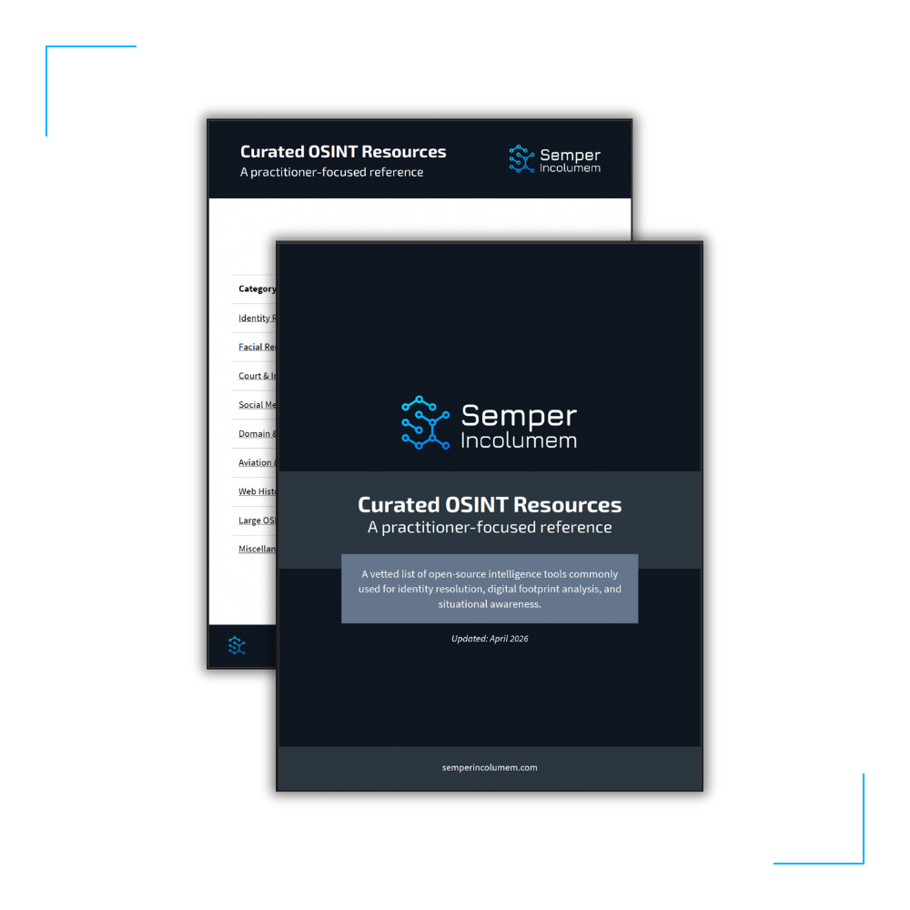Preview of Semper Incolumem's curated OSINT resources guide, a vetted reference for intelligence analysts and security professionals