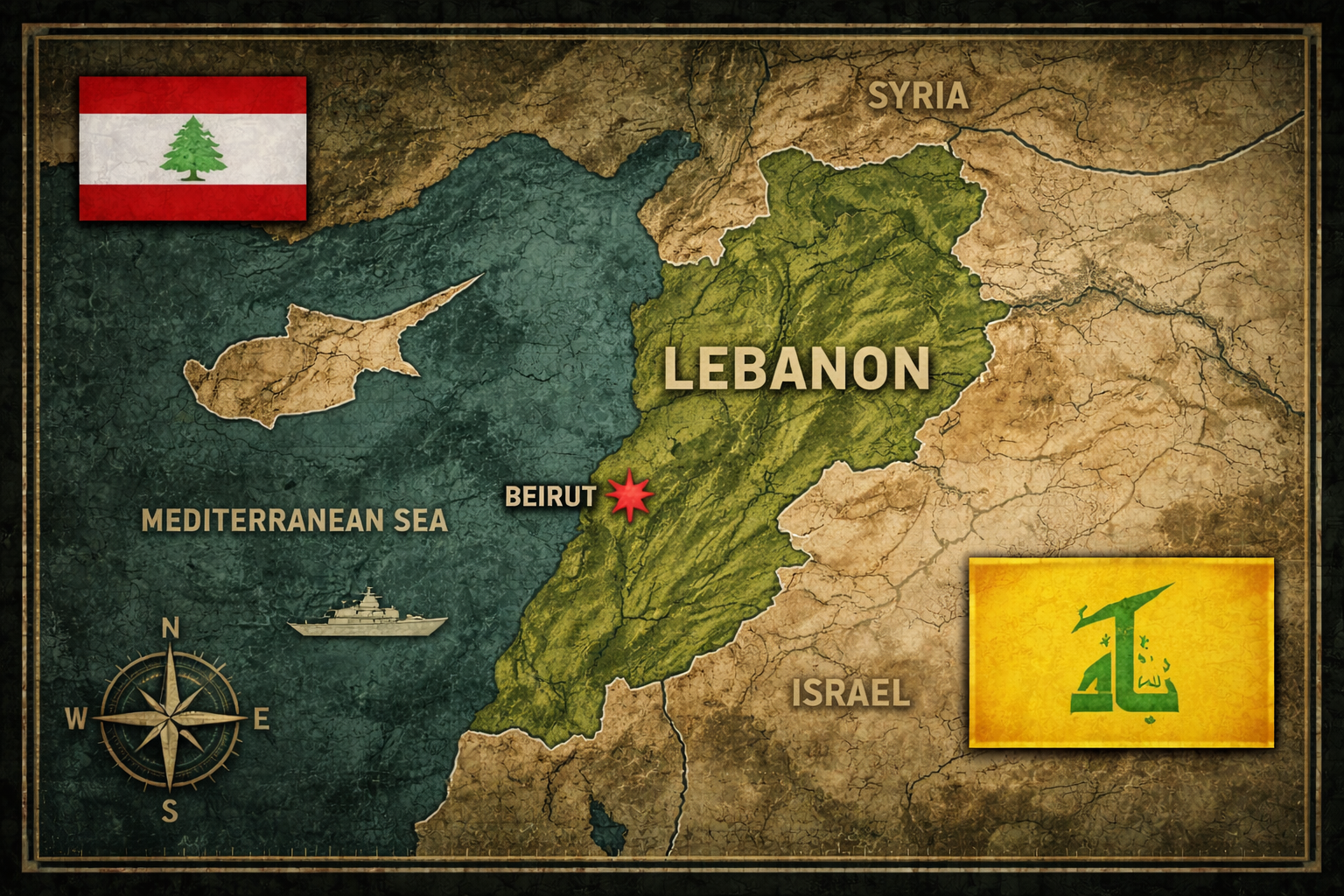 AI-generated map of Lebanon showing Beirut, Israeli and Hezbollah flags, and regional context for the Israel-Hezbollah conflict