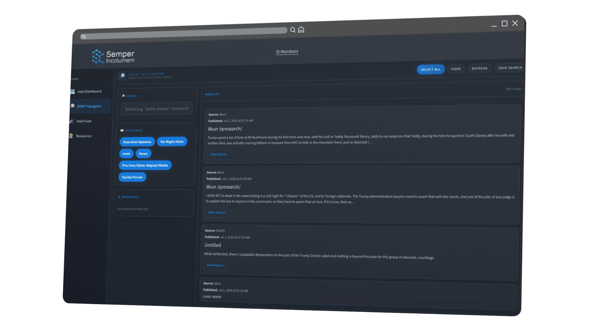 OSINT Navigator search and filter interface for open-source intelligence research