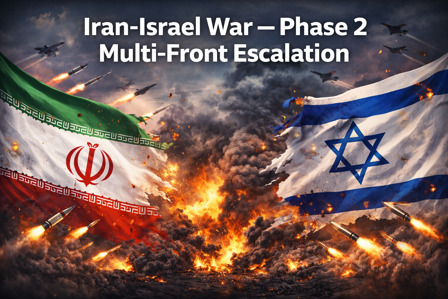 AI-generated illustration of Iran-Israel conflict escalation featuring ballistic missile strikes and air operations, accompanying Semper Incolumem's strategic intelligence analysis of IRGC multi-front operations