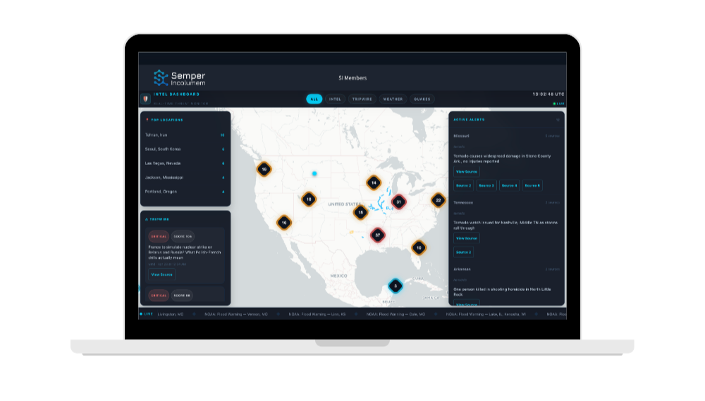 Threat map dashboard illustrating open source intelligence solutions for government and defense