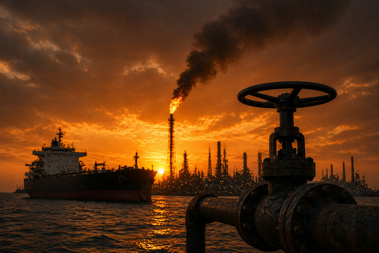 AI-generated illustration of Gulf oil infrastructure with tanker and refinery flare, representing the record 9.1 million barrel daily shut-in caused by the Hormuz blockade