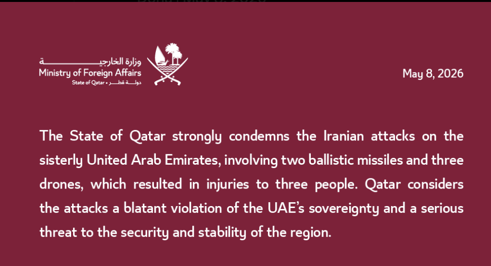 Qatar Ministry of Foreign Affairs statement condemning Iran's ballistic missile and drone strikes on the UAE, used as primary source documentation in Semper Incolumem's analysis of the collapsing US-Iran MOU negotiations