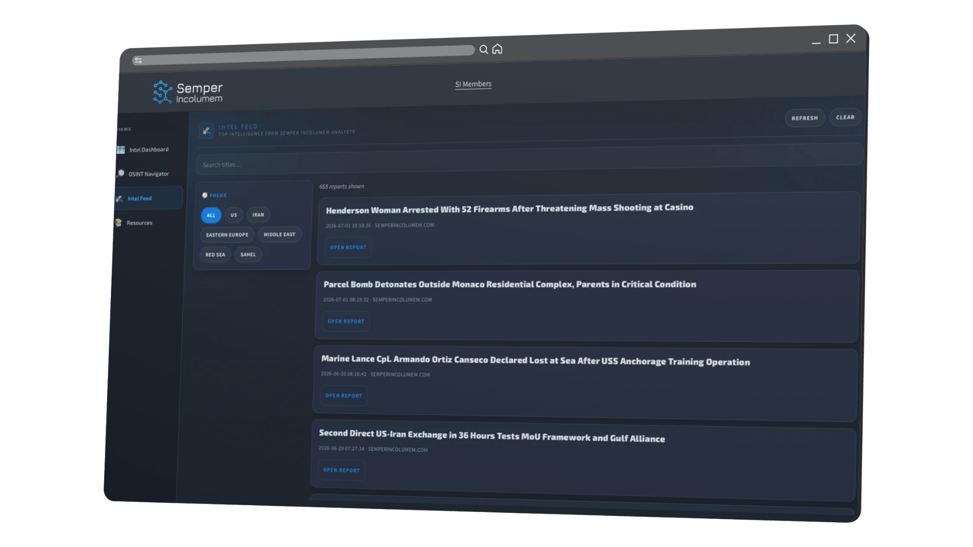OSINT platform intel feed of analyst-verified intelligence reports from Semper Incolumem