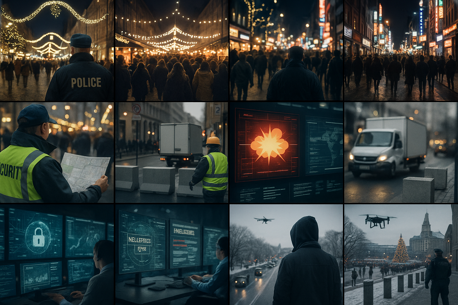 Composite image showing holiday crowds, police presence, surveillance screens, and drones monitoring public spaces