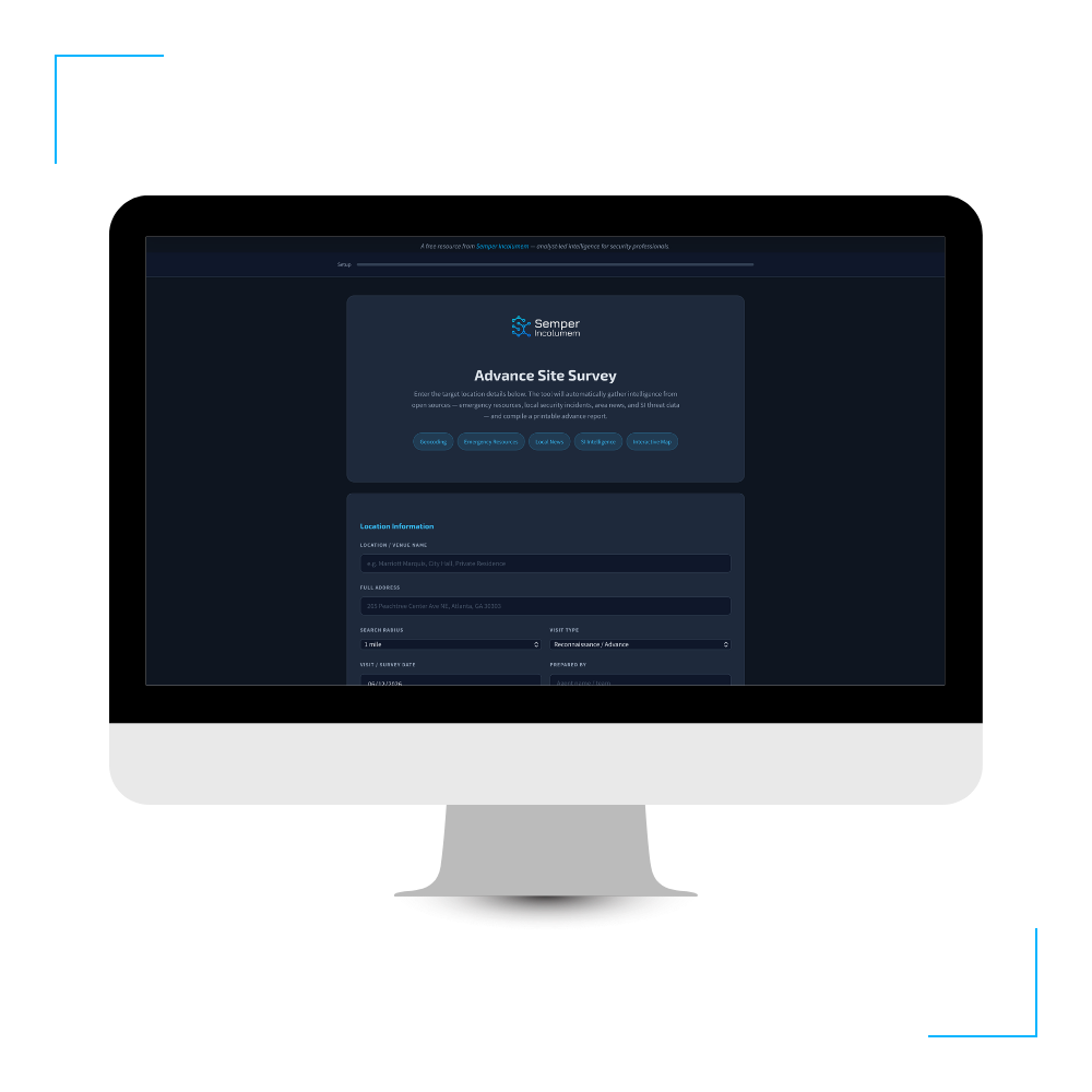 Preview of Semper Incolumem's advance site security survey, built for executive protection, corporate security teams, and security professionals doing advance work.