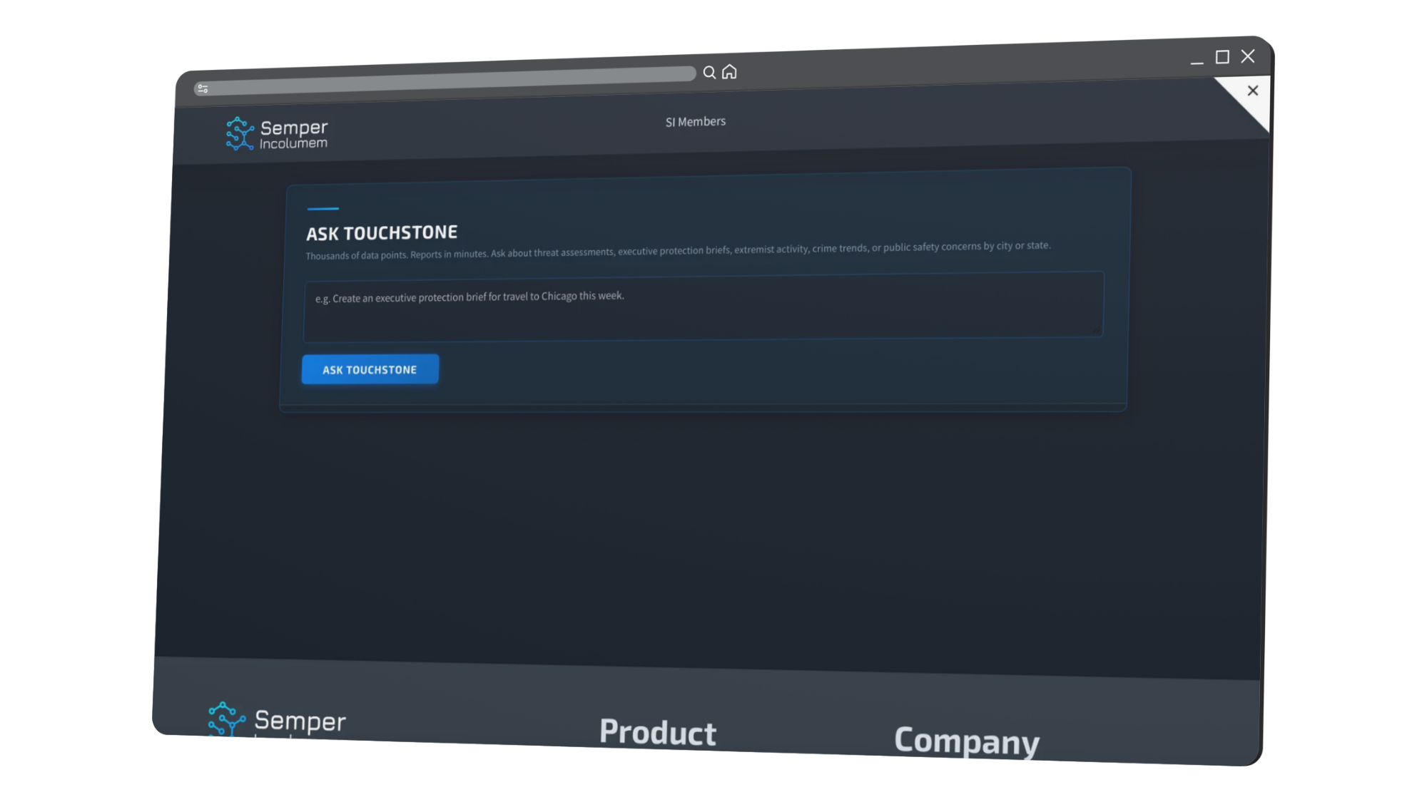 Touchstone AI-assisted intelligence research tool receiving a mission-specific research question