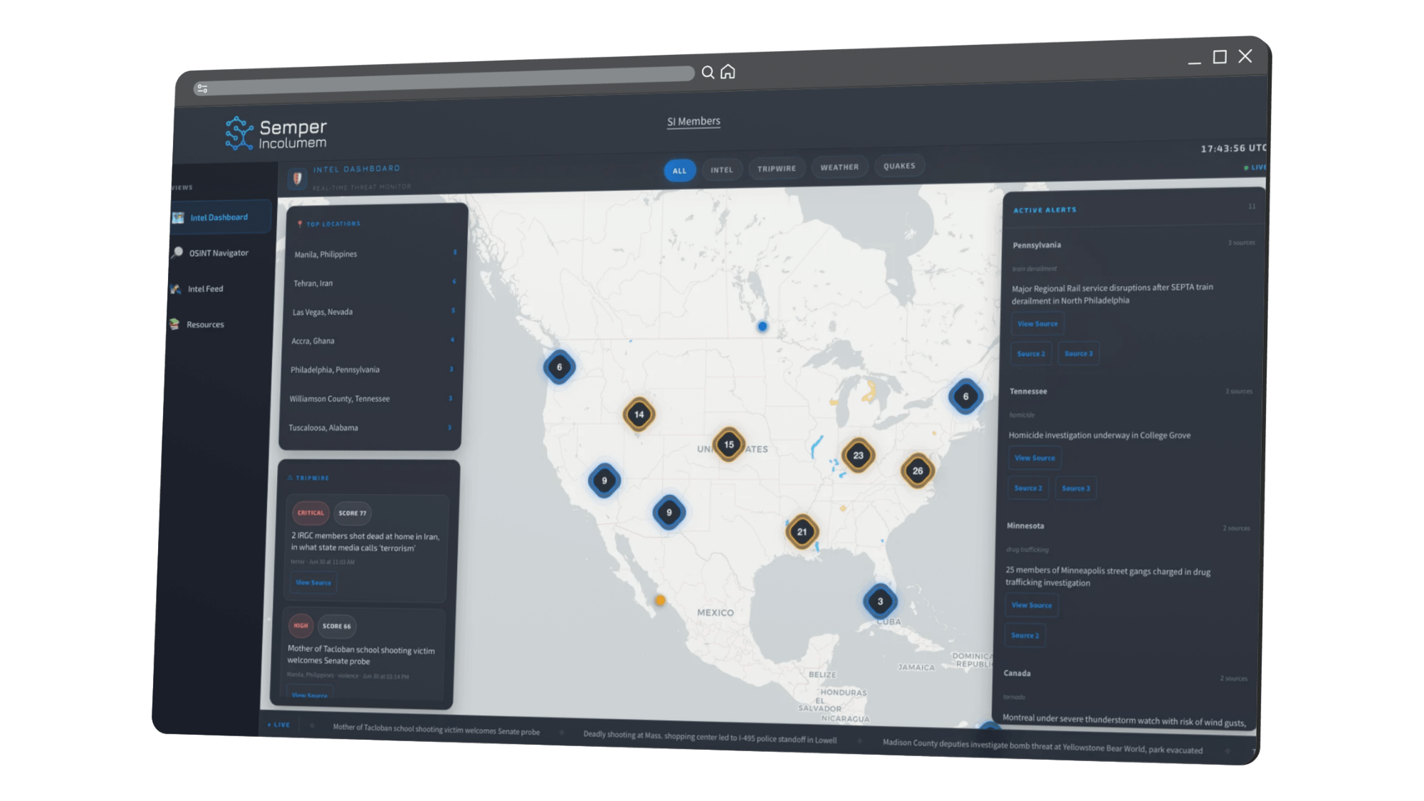 OSINT platform threat map showing geo-tagged alerts and Tripwire threat prioritization scores