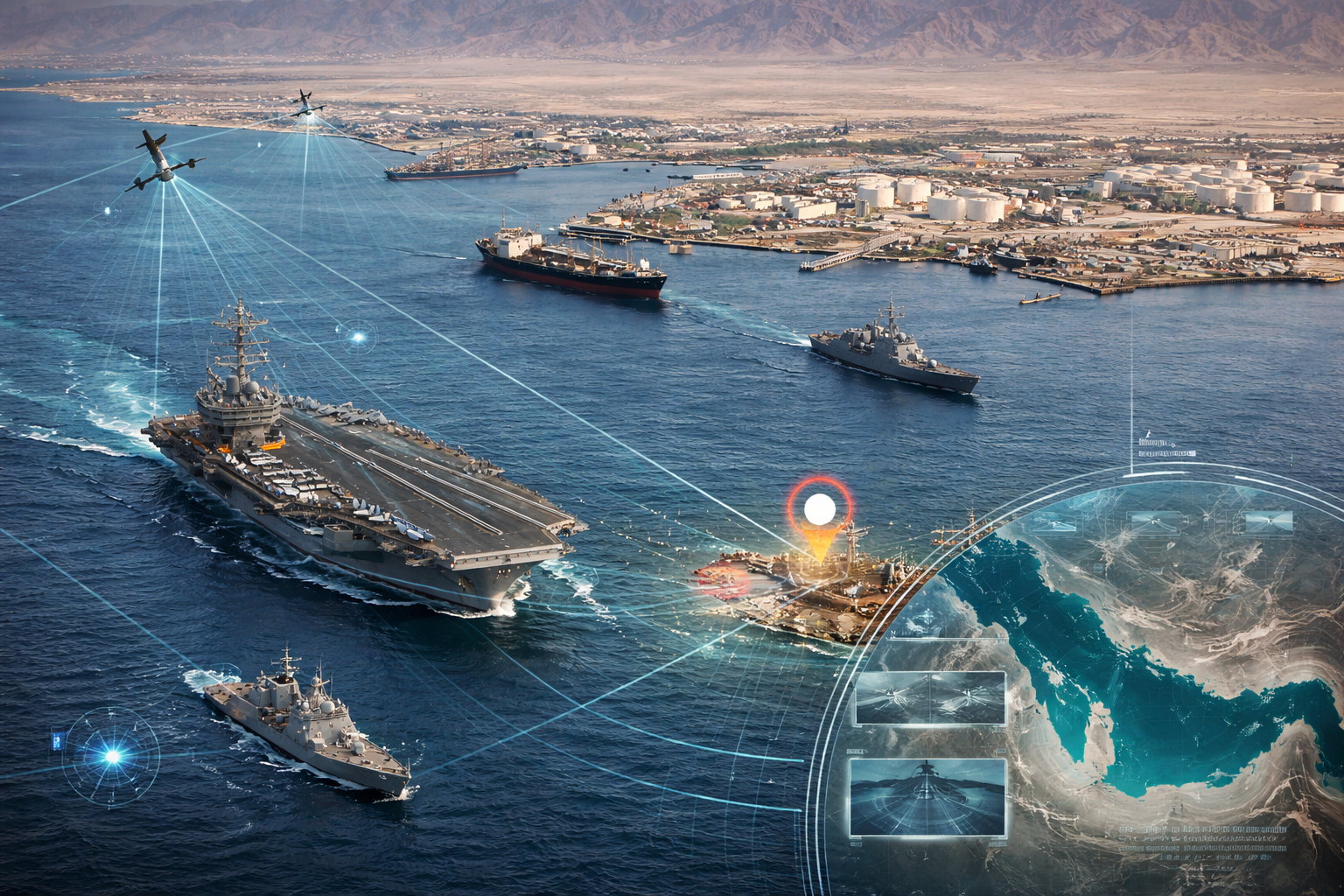 AI-generated illustration of US naval forces and surveillance assets in the Gulf, depicting the Hormuz blockade and great power competition analyzed in this strategic intelligence report