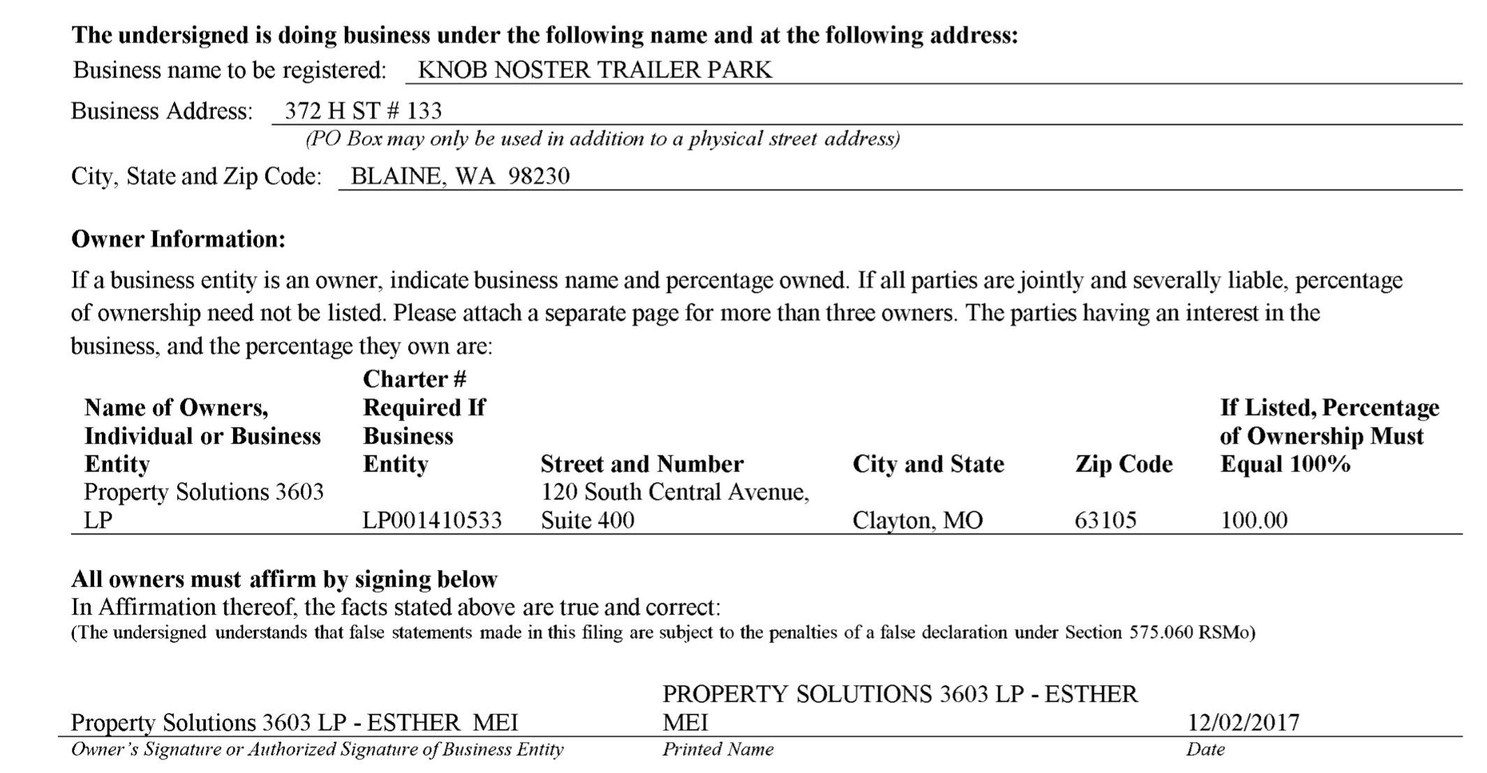 Business registration document showing ownership and address information