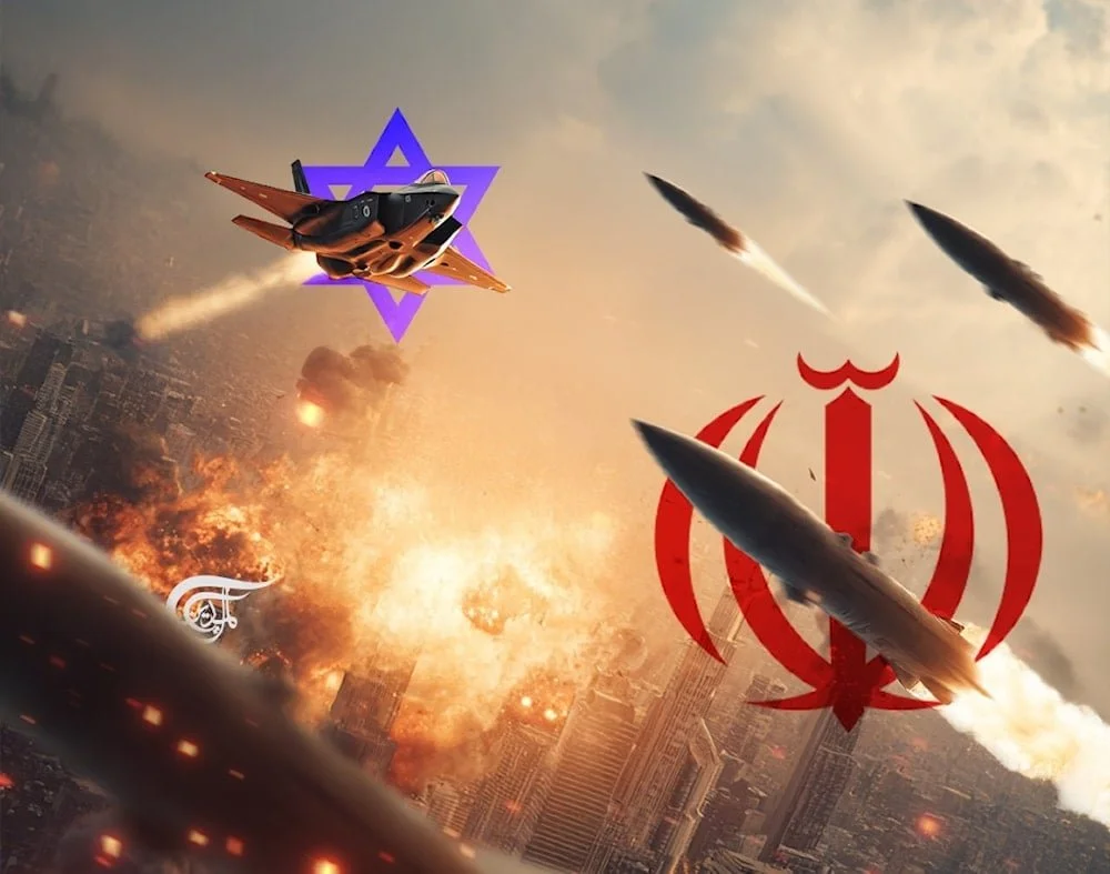 Stylized propaganda graphic depicting Israel–Iran confrontation used to frame regional conflict narratives following the Gaza ceasefire