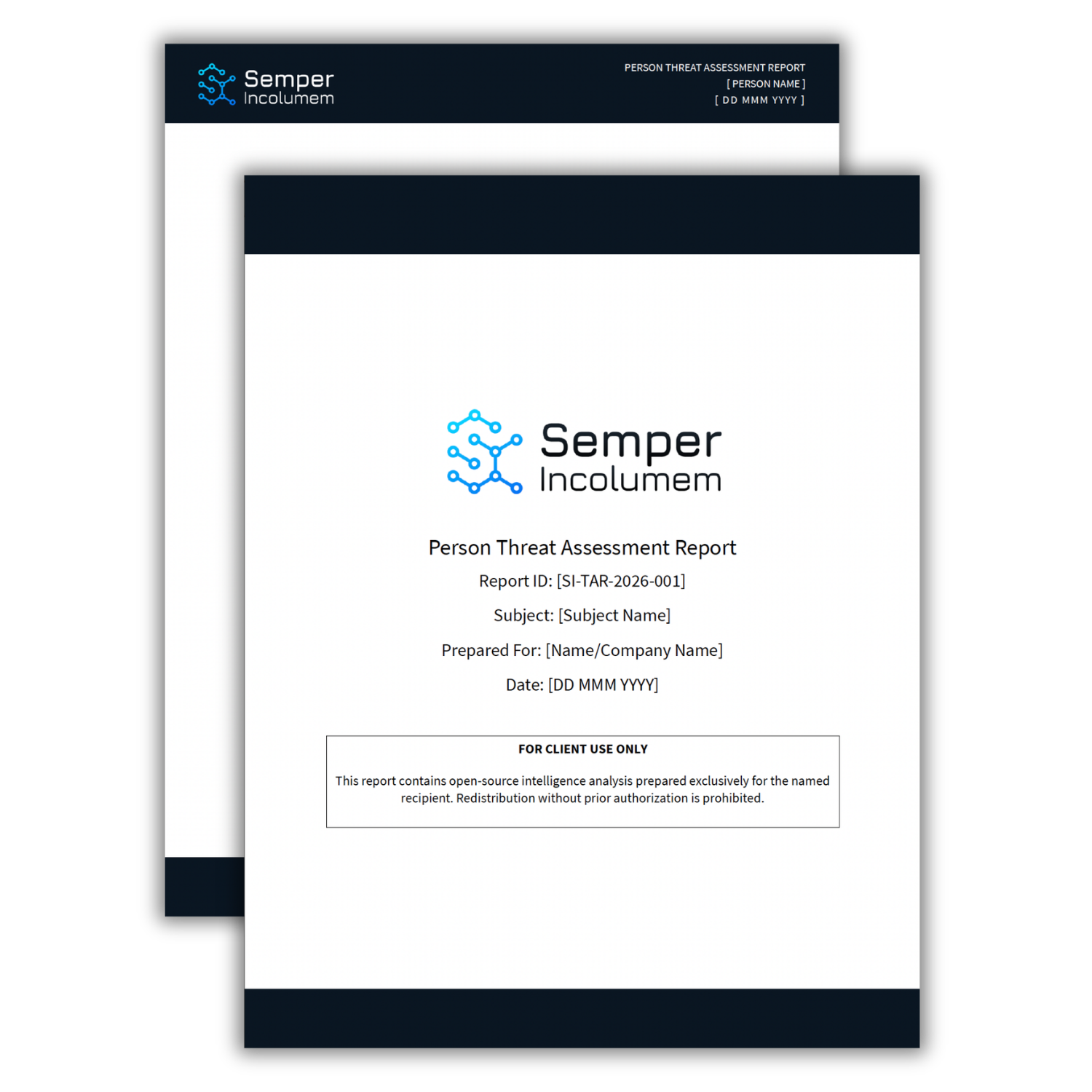 Semper Incolumem executive protection person threat assessment report cover for physical security intelligence clients