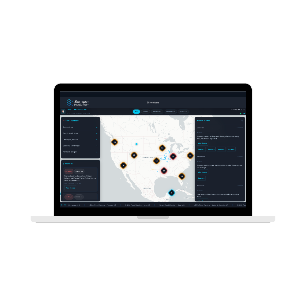 The Semper Incolumem Intelligence Platform displaying the threat map.