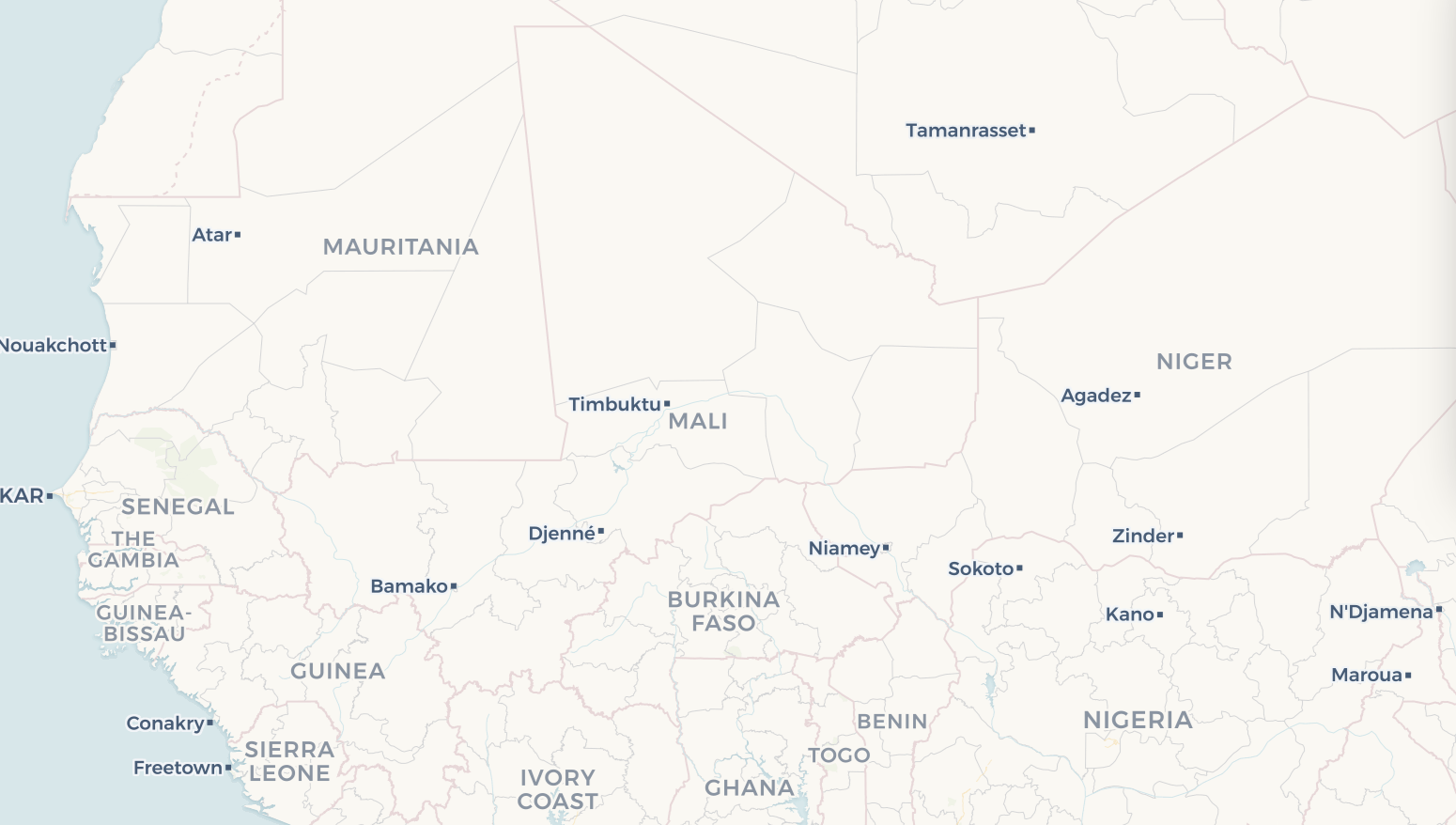 Map of West Africa showing Mali and neighboring countries including Niger and Burkina Faso