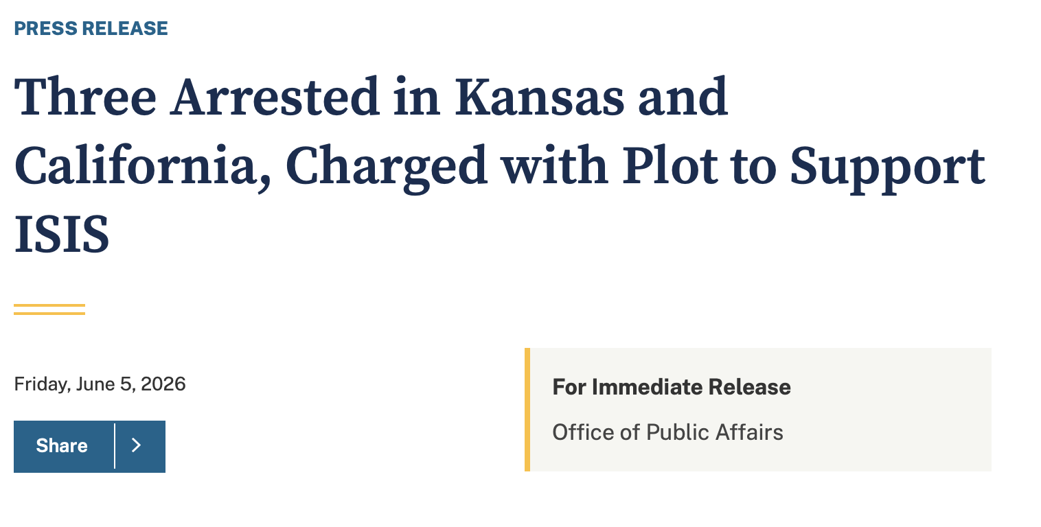 Three Americans Charged in Multi-State FBI Operation for Conspiring to Fund and Support ISIS
