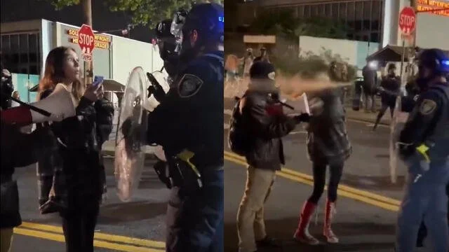 Law enforcement officers confronting demonstrators during a protest, illustrating heightened tensions amid expanded federal counterterrorism measures
