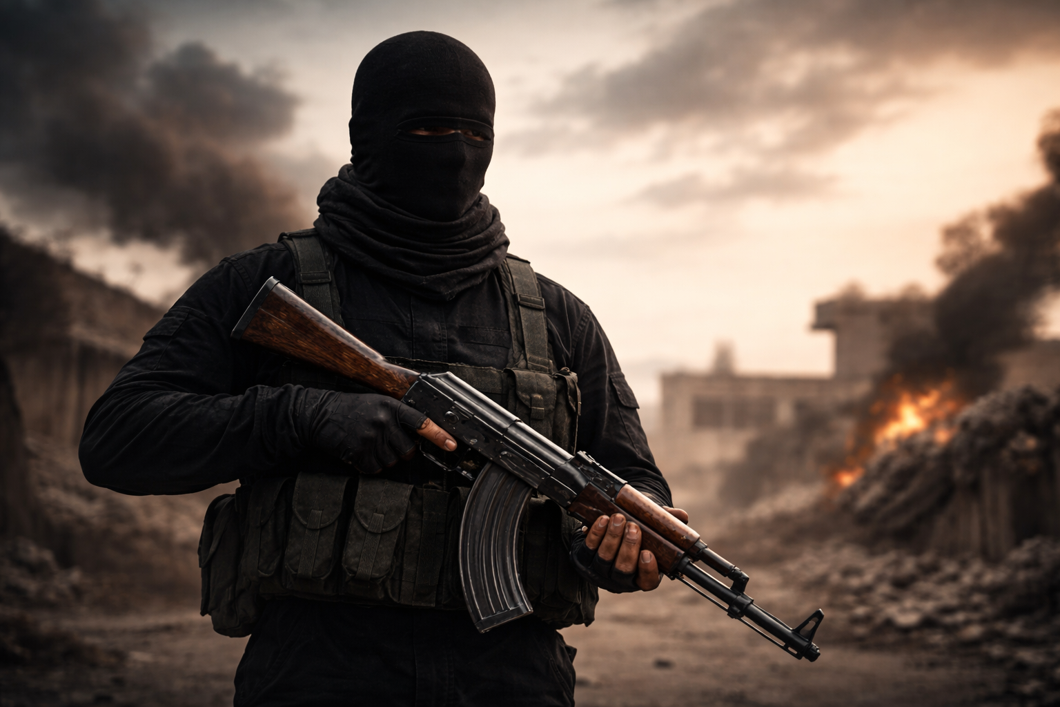 AI-generated illustration of an armed combatant representing ISIS-affiliated threats analyzed in Semper Incolumem's strategic intelligence report on the Halummu media network's propaganda expansion