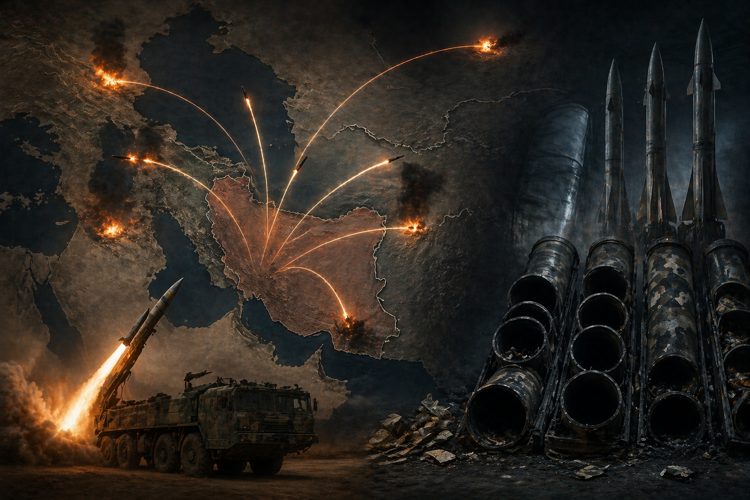 AI-generated illustration of missile launches over a Middle East map representing US precision munitions depletion during the Iran conflict analyzed in this strategic intelligence report