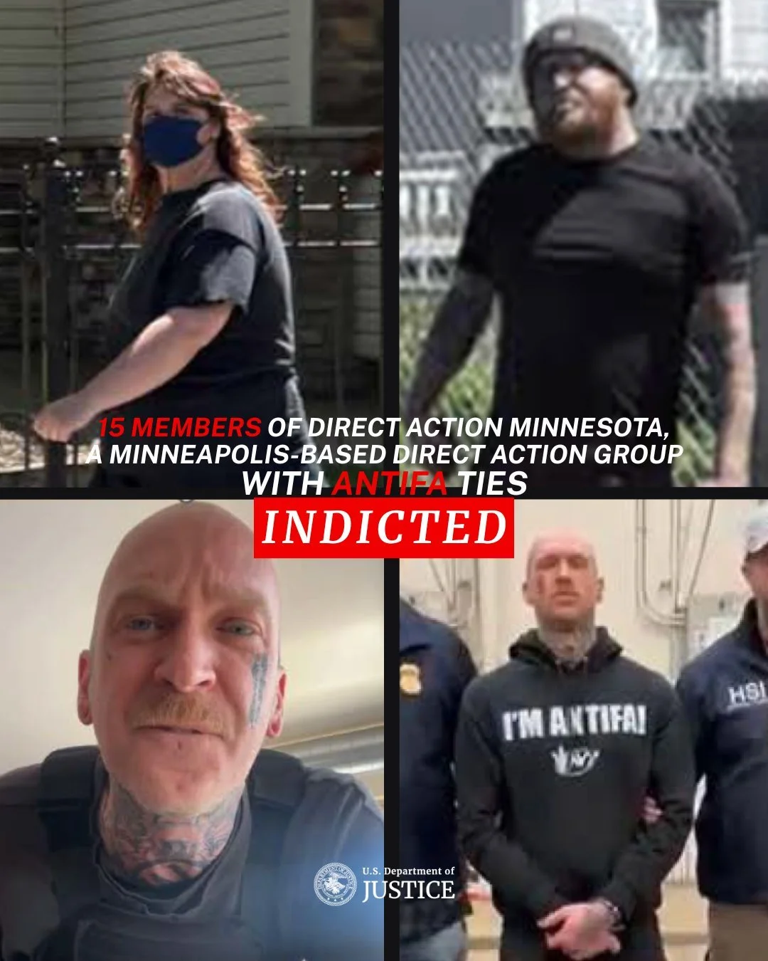 DOJ indictment graphic identifying 15 members of Direct Action Minnesota charged under Joint Task Force Vanguard for coordinated anti-enforcement training operations with national reach