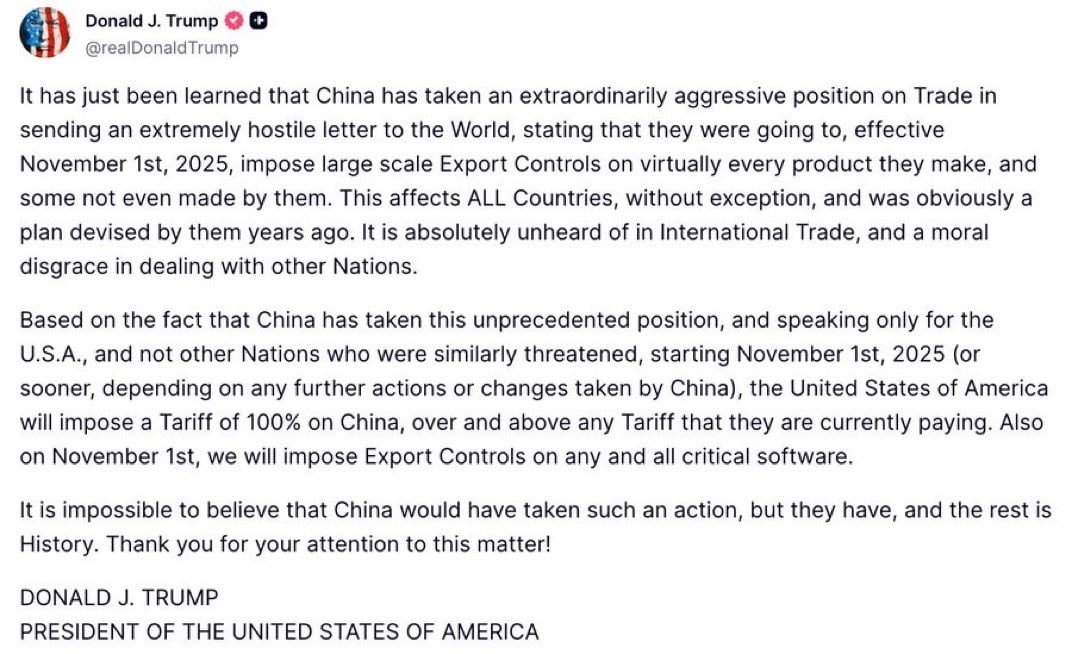 Statement by former U.S. President Donald Trump outlining expanded tariffs and export controls amid escalating U.S.–China trade tensions