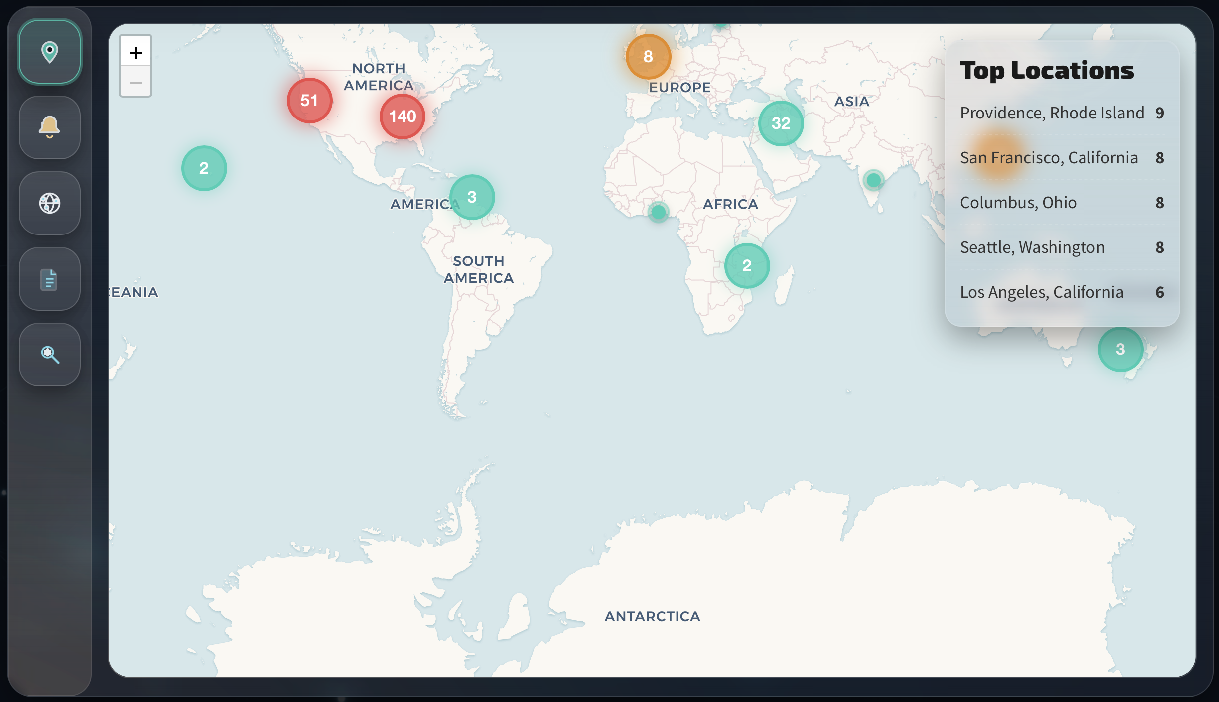 Threat map dashboard illustrating open source intelligence solutions for government and defense