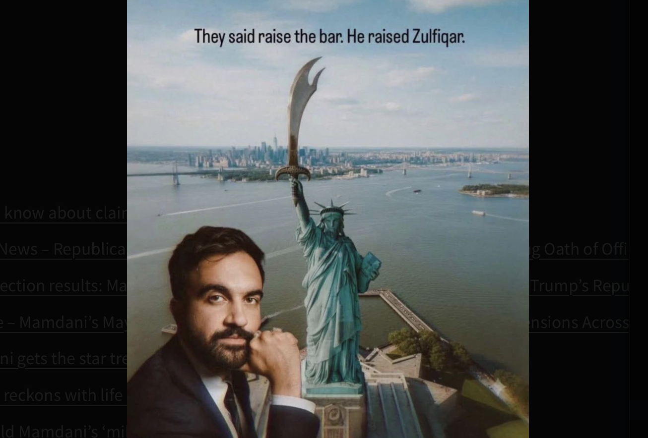 Manipulated image showing the Statue of Liberty holding a sword with Zohran Mamdani in the foreground