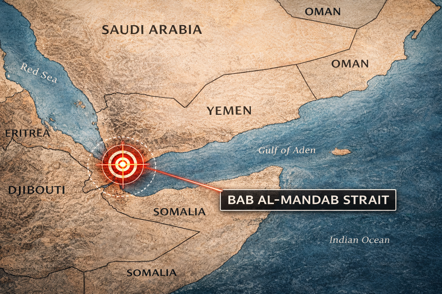 Strategic map of the Bab al-Mandab Strait between Yemen and Djibouti highlighting the naval chokepoint threatened by Houthi blockade in coordination with Iran's Strait of Hormuz closure, analyzed in Semper Incolumem's strategic intelligence report