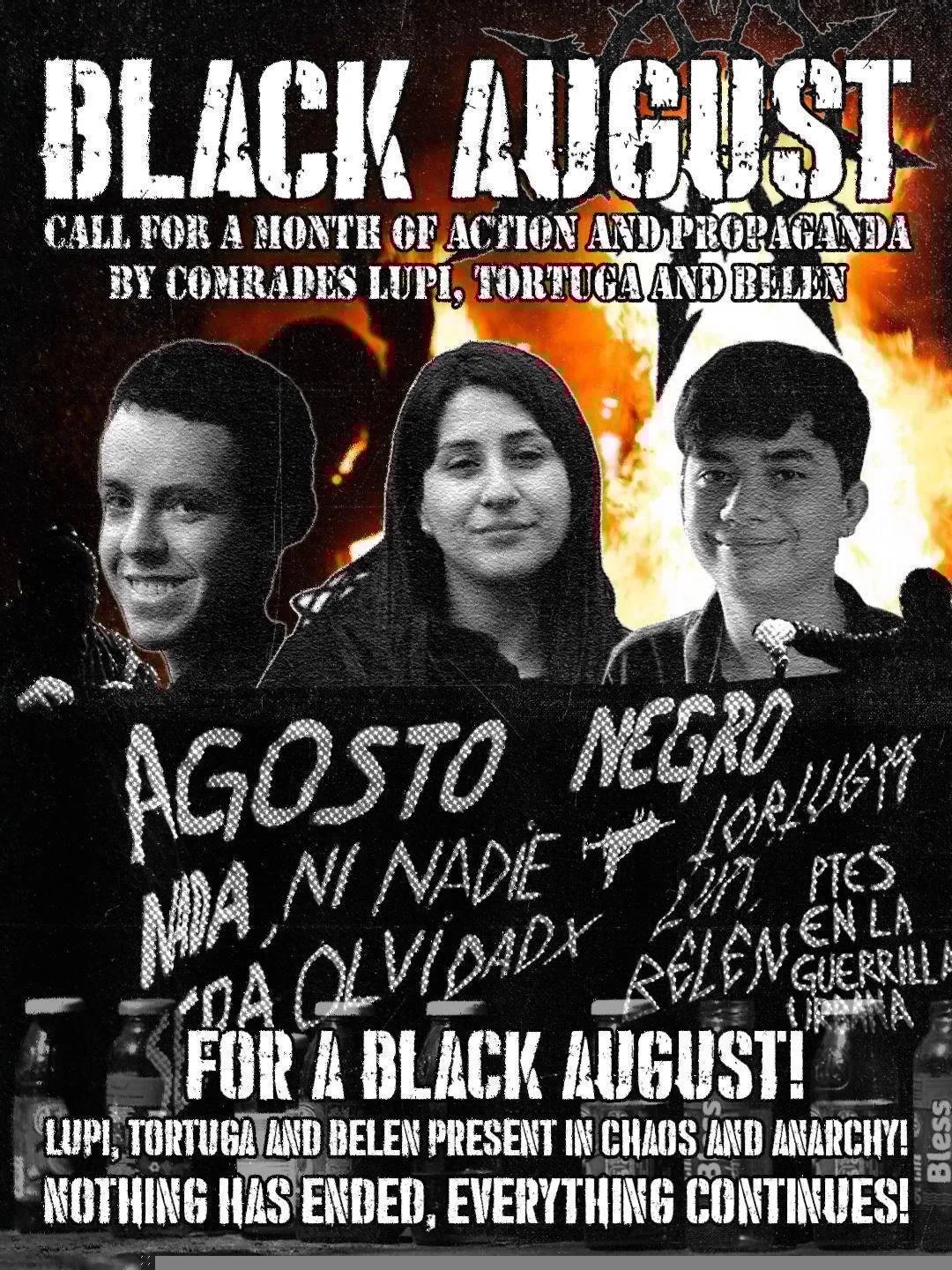 Black August 2026 anarchist propaganda graphic calling for a month of coordinated direct action, published by imprisoned anarchists Lupi, Tortuga, and Belen