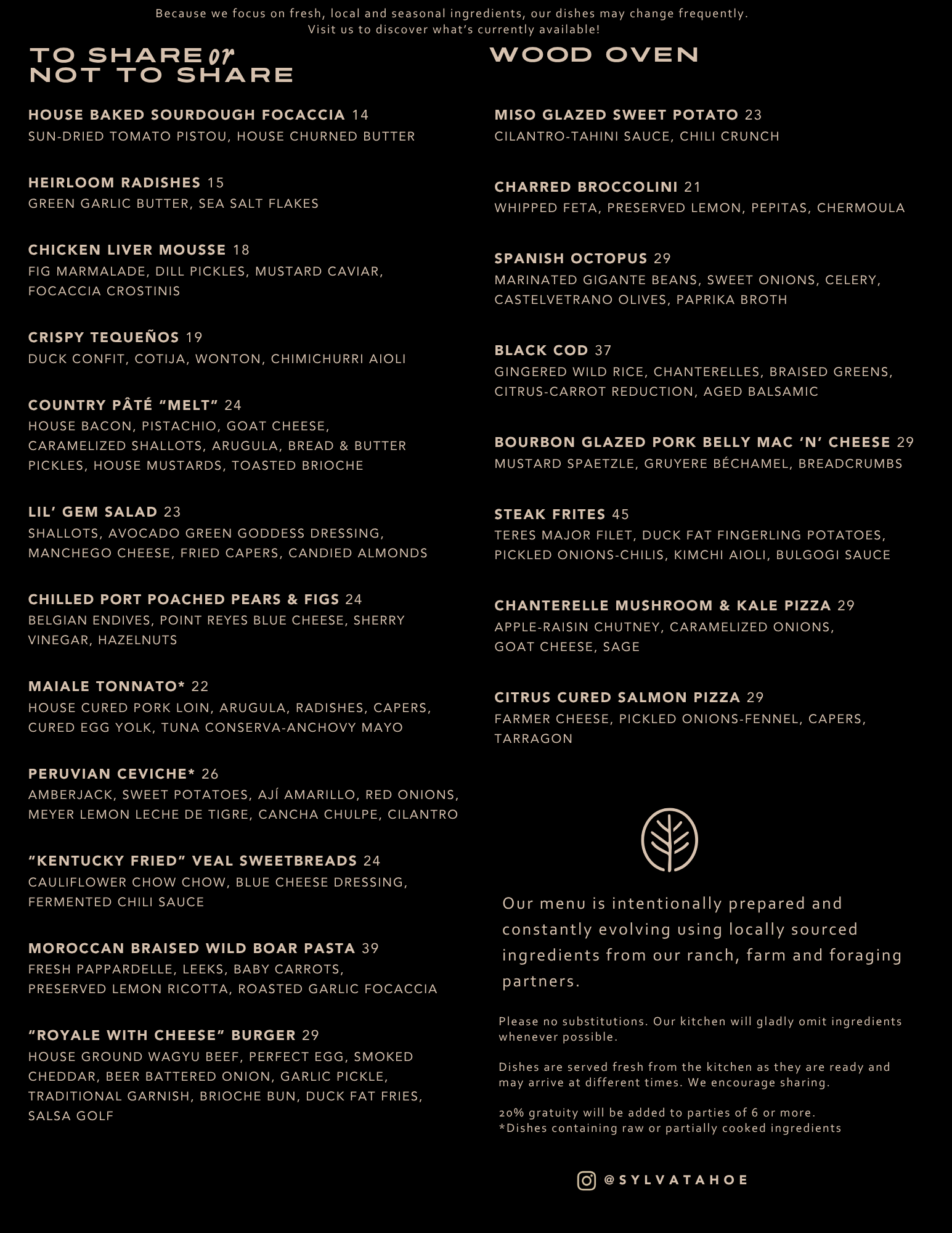 SYLVA TAHOE CITY BEST NEW RESTAURANT, fine casual dining in Lake Tahoe. Lake Tahoe dining. sylva menu