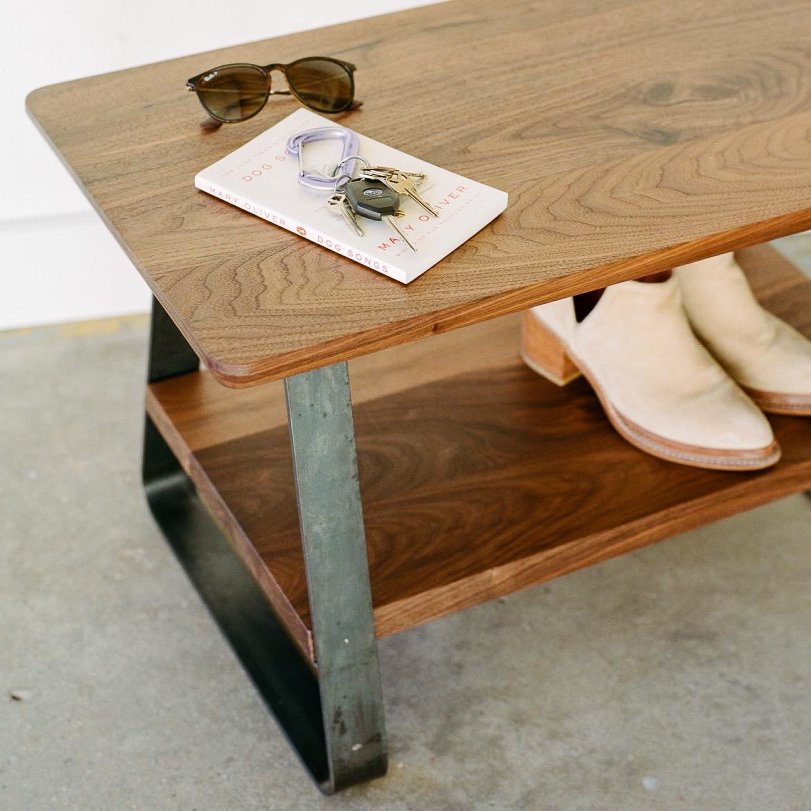 Image of custom shoe bench built by Collin Moran, WoodDenCo