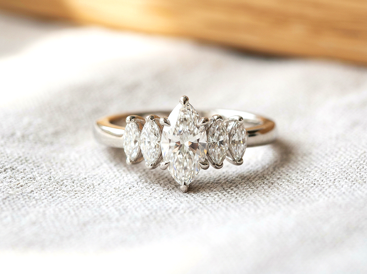 Lab White Gold 5 Lab Diamond Marquise Engagement Ring & Handcrafted in our workshop in South London Brixton