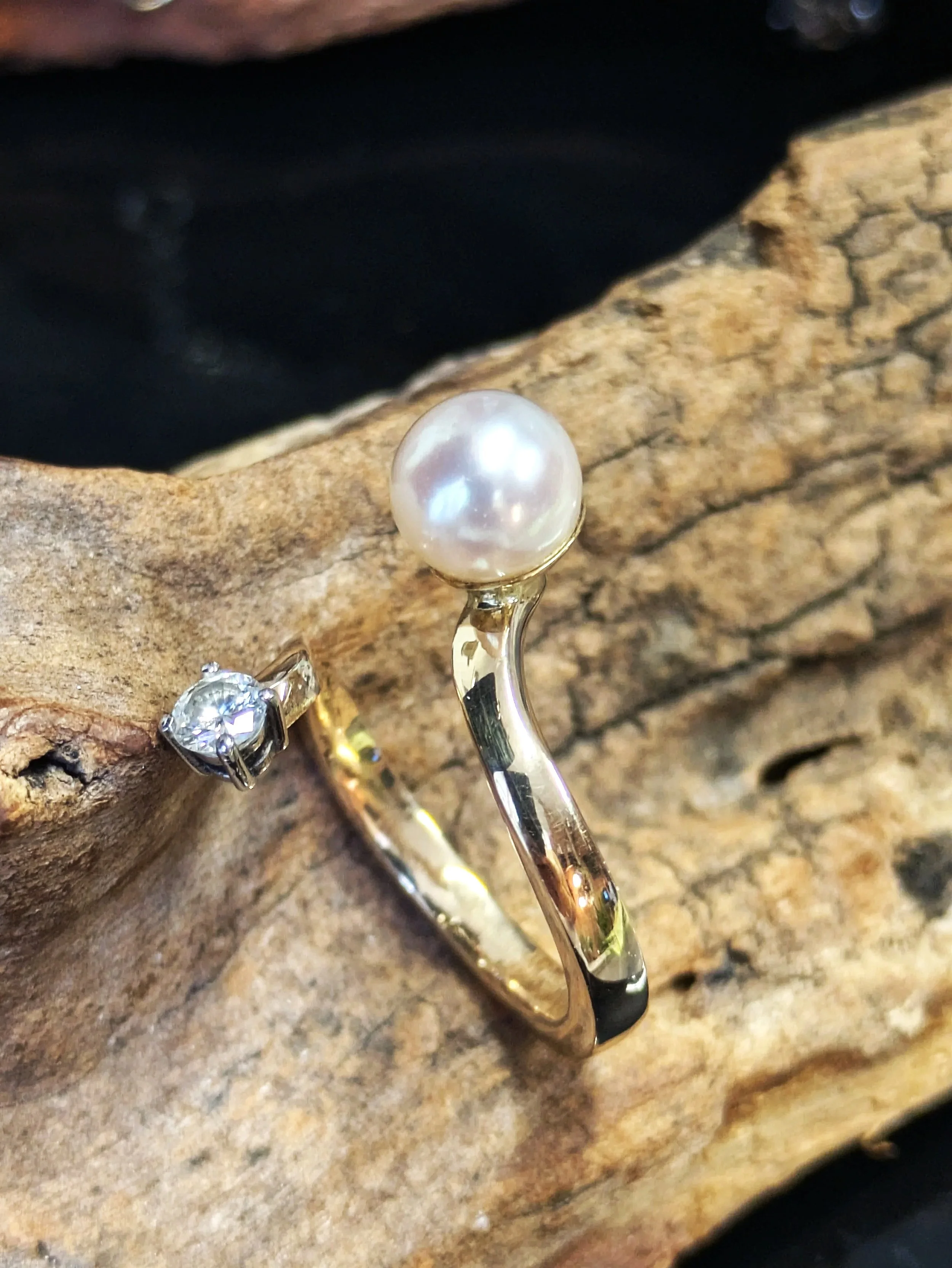 Japanese Pearl Engagement Ring on the Palo Santo Display