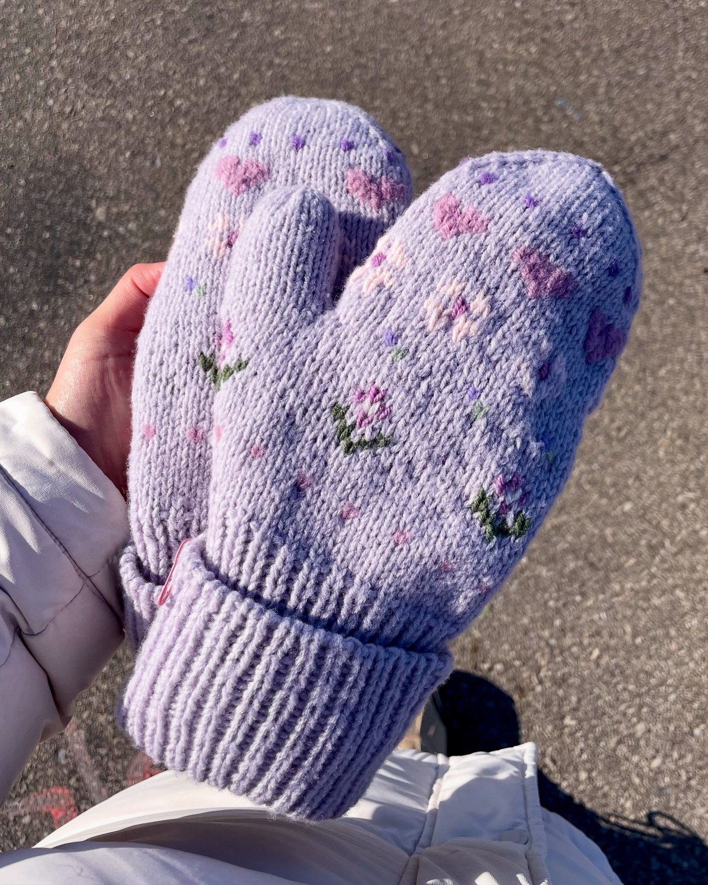 out &amp; about with my favourite mittens ever 💜🪻🌸 pattern and step by step course coming soon 💗💗 #childhooddreammittens in @knittingforolive unicorn purple merino
