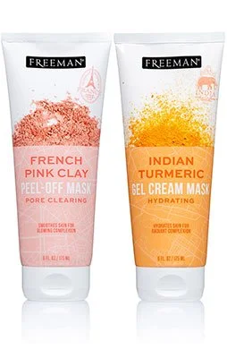 White background product photography of two tubes of skincare face mask products pink clay and turmeric.