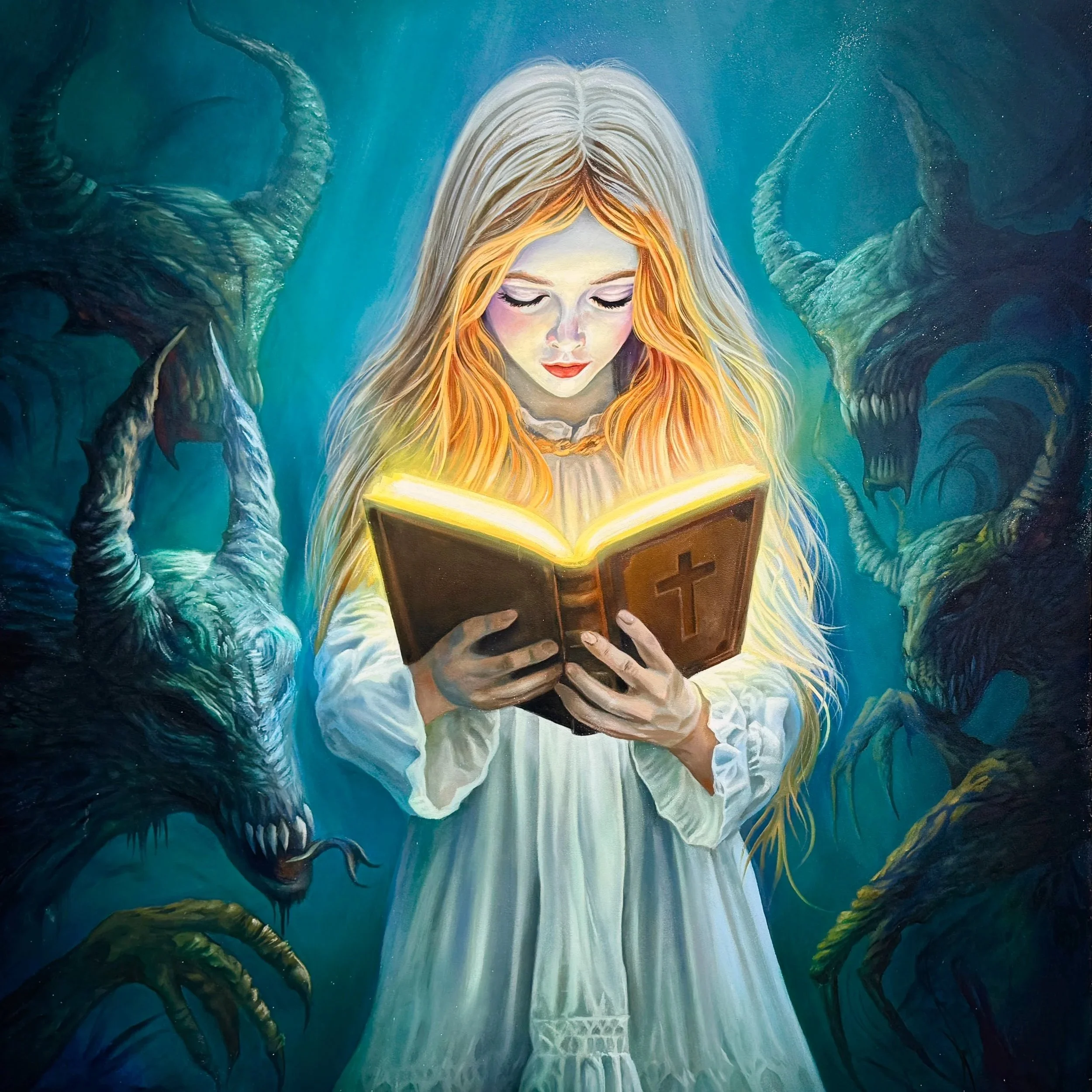 Demon oil painting girl dress bible glowing