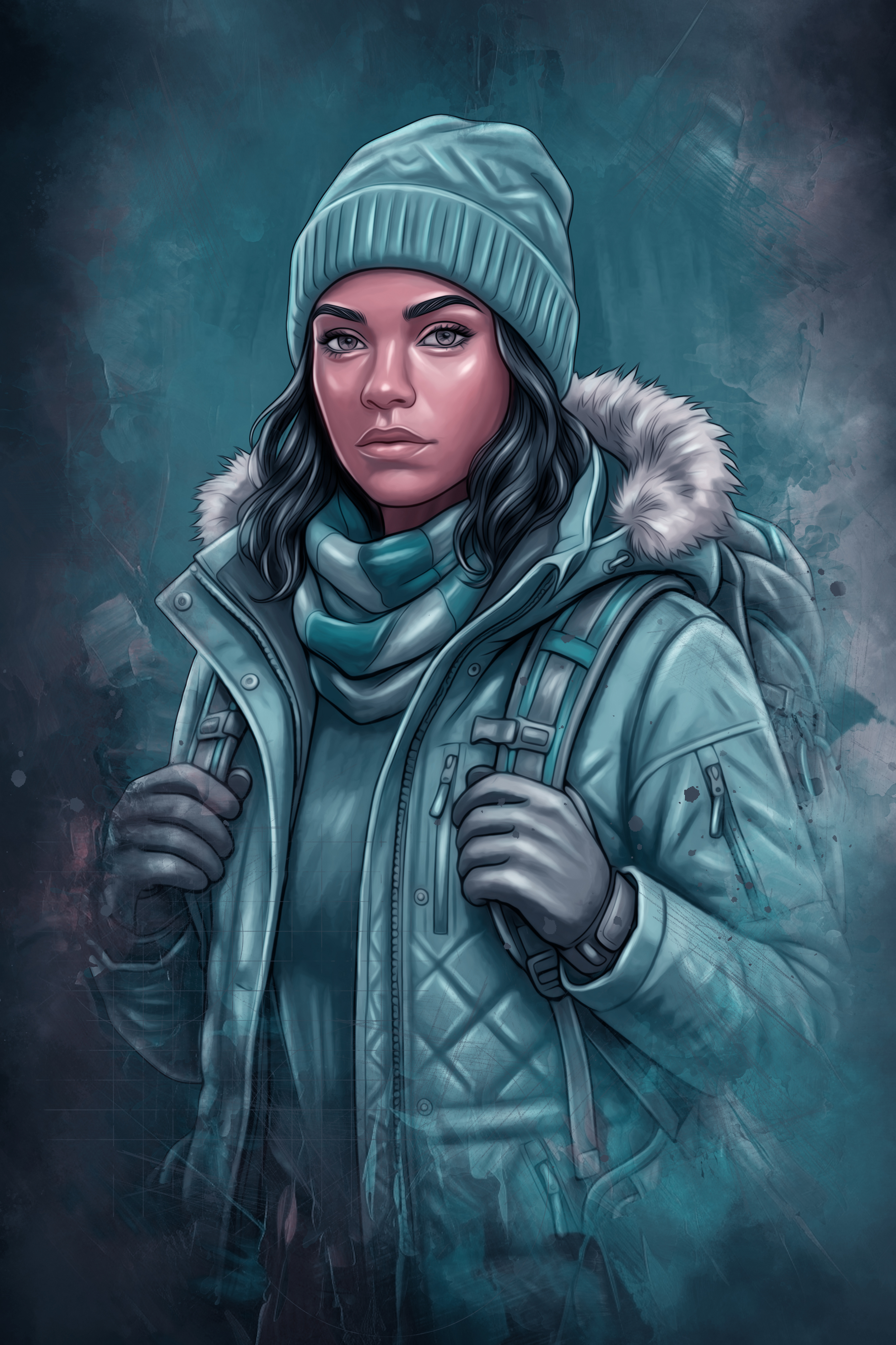 a dark-skinned woman stands, stern-faced and in worn winter gear; she looks tired, uninterested, and wears a worn but warm jacket; she has mid-length wavy black hair which is mostly overed by an old beanie; on her back is a large scavenger's pack