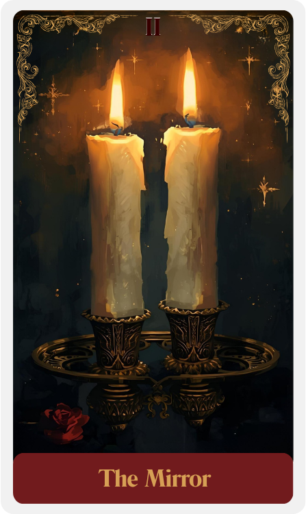 Two lit candles on a decorative tray with a rose at the base, labeled 'The Mirror' at the bottom.