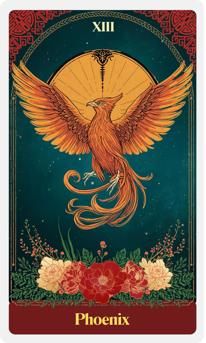 A tarot card titled 'Phoenix' featuring an illustrated phoenix with outstretched wings, soaring above flowers and foliage, set against a starry night sky with a large gold circle and the Roman numeral XIII at the top.
