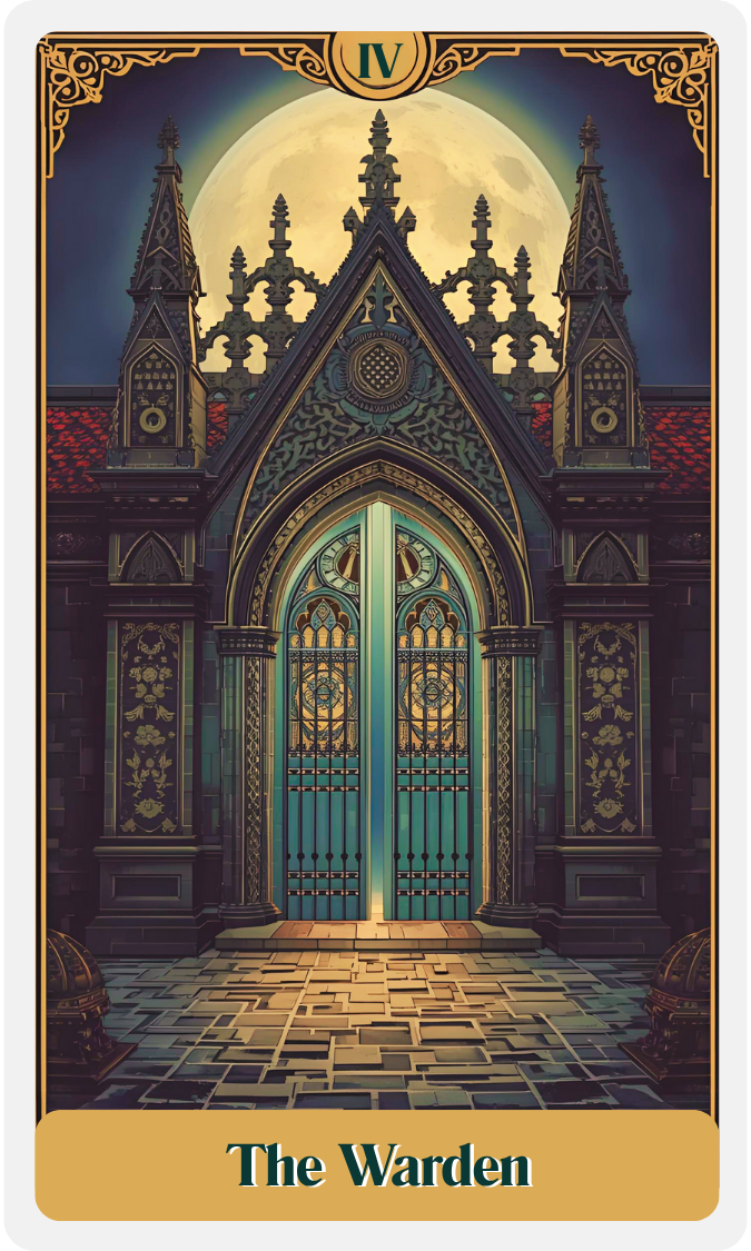 An ornate gothic-style gate in front of a spooky castle with a large full moon in the background.