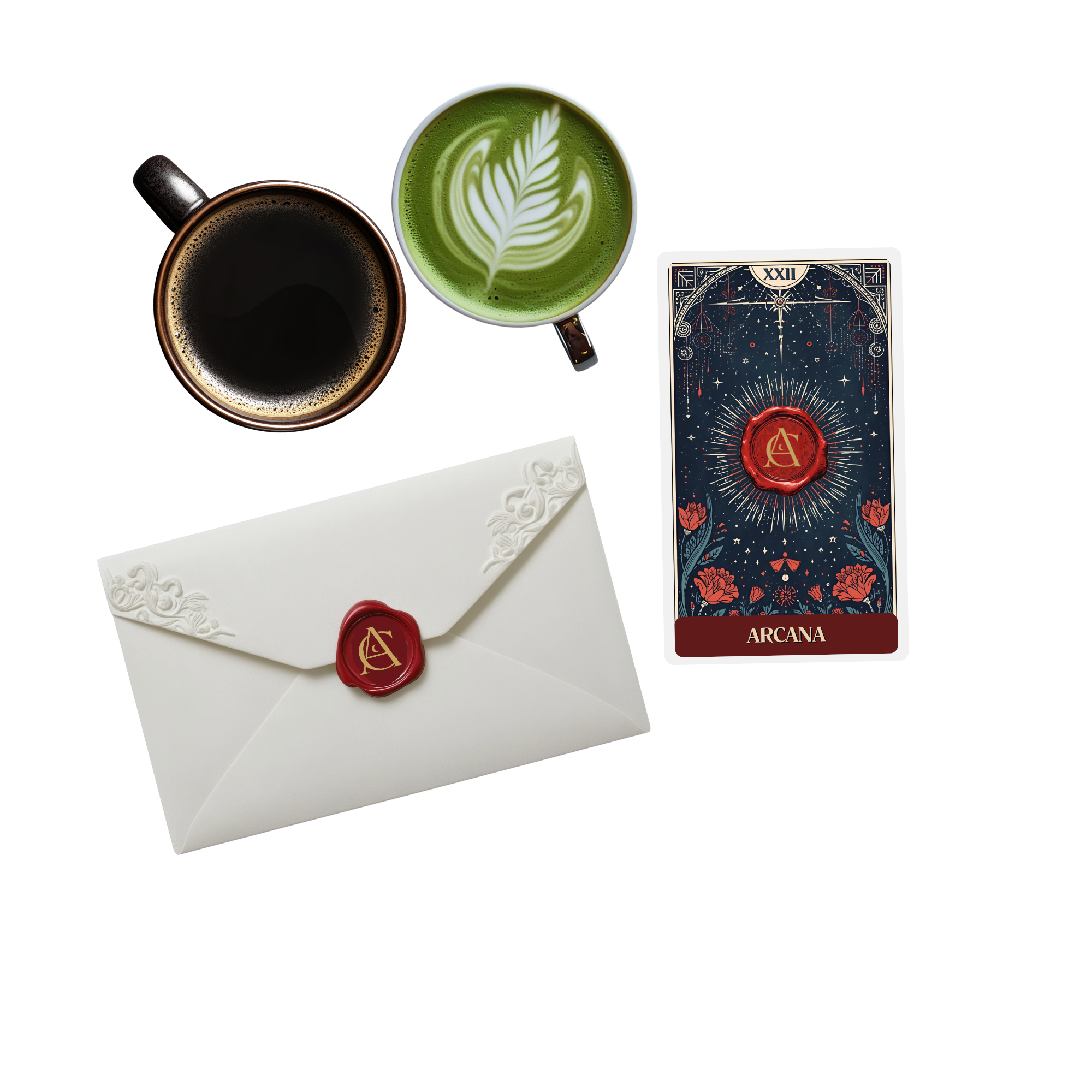 A tarot card labeled 'Arcana' with a dark starry background, a large red wax seal with a gold symbol, a white envelope with embossed floral patterns and a red wax seal, two cups of coffee—one black and one green with latte art—and a white and blue box.