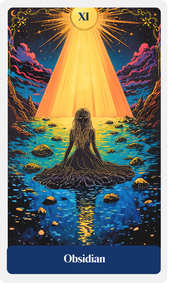 A woman with long hair sitting cross-legged on a rock in a river, illuminated by a golden beam of light from a bright star or sun above, surrounded by rocks and mountains at sunset or sunrise with a colorful sky.