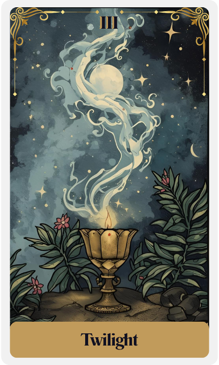 A tarot card titled "Twilight" shows a glowing chalice surrounded by green foliage and pink flowers. Smoke rises from the chalice toward a moonlit night sky filled with stars, clouds, and a crescent moon.
