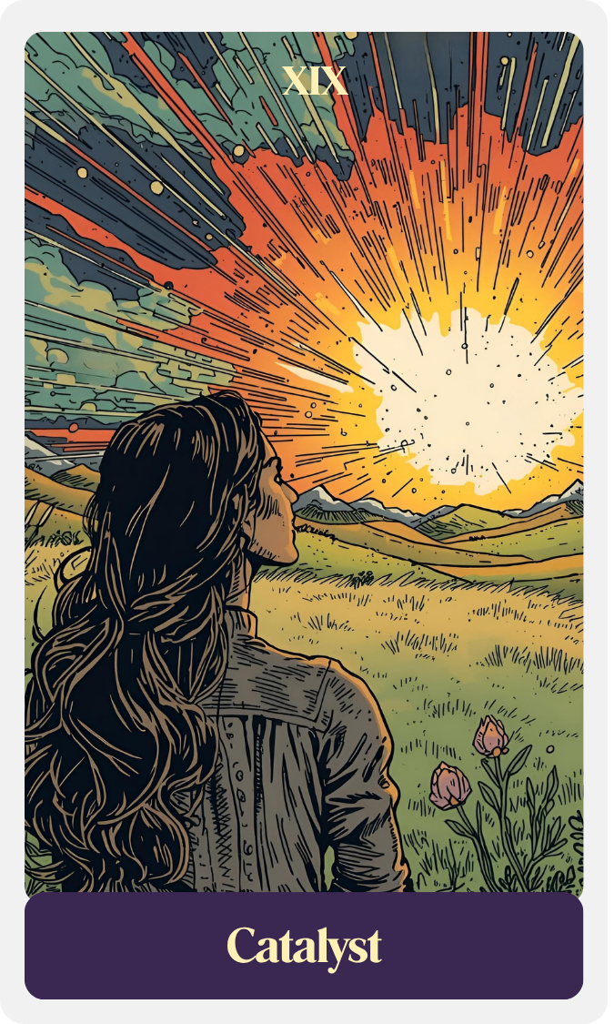 A woman with long wavy hair wearing a leather jacket stands in a grassy field, watching a bright explosion or burst of light in the sky with radiating streaks, mountains in the background, and the Roman numeral XIX at the top of the image.