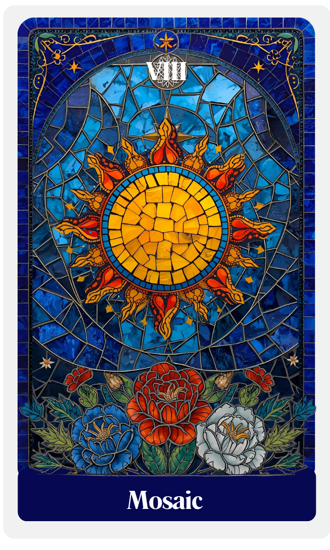 Colorful stained glass mosaic with a sun in the center, surrounded by blue background and floral patterns at the bottom, labeled 'Mosaic'.