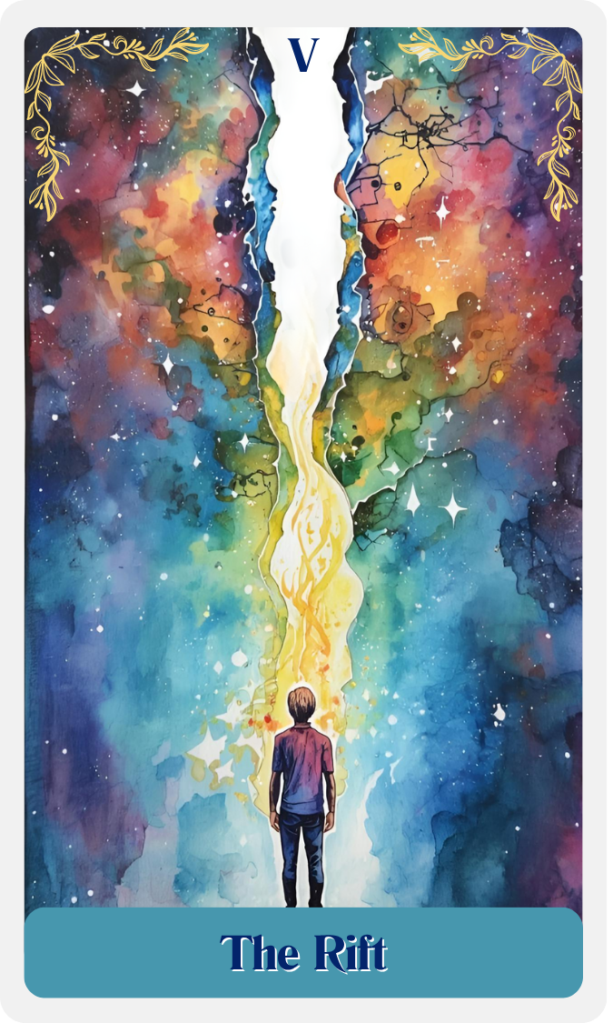 A young man standing at the bottom of a vibrant, colorful abstract painting that resembles a cosmic scene with swirling patterns, stars, and nebulae. A bright, glowing rift or crack runs vertically through the center of the painting.