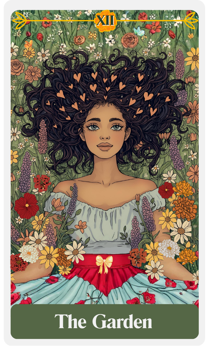 A woman with long, curly dark hair adorned with small pink hearts, lying amidst a lush garden filled with colorful flowers and plants, with a butterfly and a flower at the top, and the Roman numeral XII at the top center, with the title 'The Garden' at the bottom.