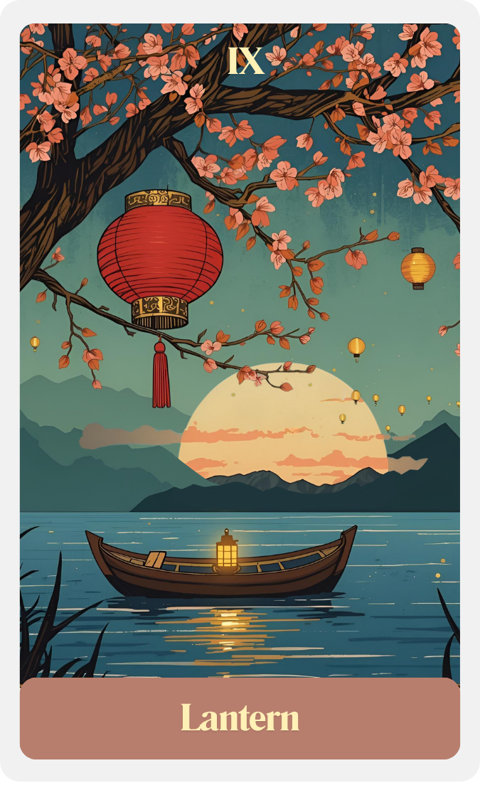 A nighttime scene featuring a wooden boat floating on a calm lake with mountains in the background. A glowing lantern is in the boat, and a large full moon is rising behind the mountains. A cherry blossom tree with pink flowers and hanging lanterns shades the scene.