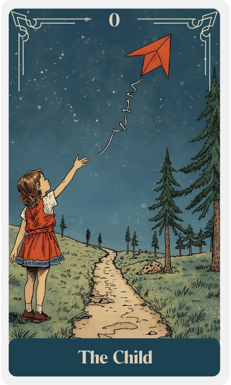 A young girl reaching out towards a red paper airplane flying in a starry night sky, on a forest trail.