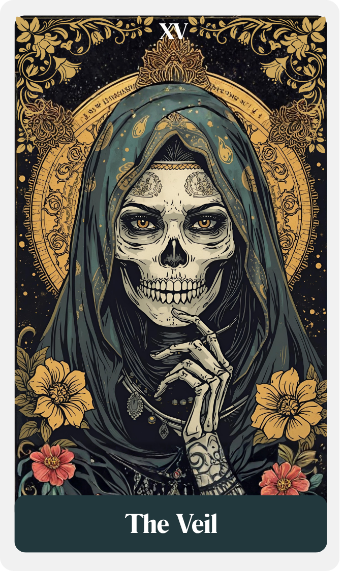 An illustration of a woman with a skull face, wearing a dark hooded cloak, surrounded by gold floral and celestial designs, with the text "The Veil" at the bottom.